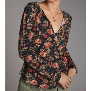 Anthropologie Pilcro Split Neck Top Women's Sz Small Black Floral Thermal Waffle